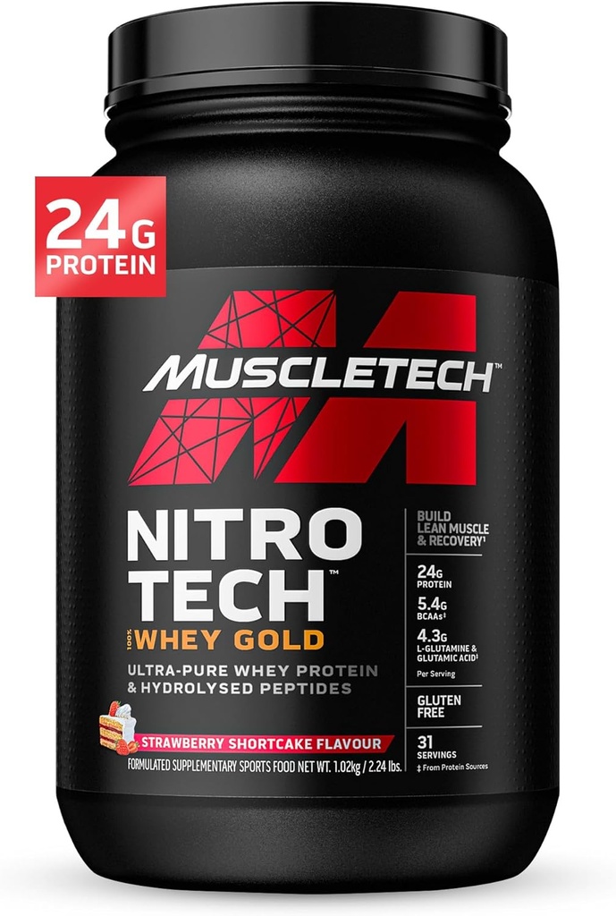MuscleTech Whey Protein Powder, Nitro-Tech Whey Gold Protein Powder, Isolate Smoothie Mix for Women & Men, Strawberry , 2 lbs (28 Serv) Packaging May Vary