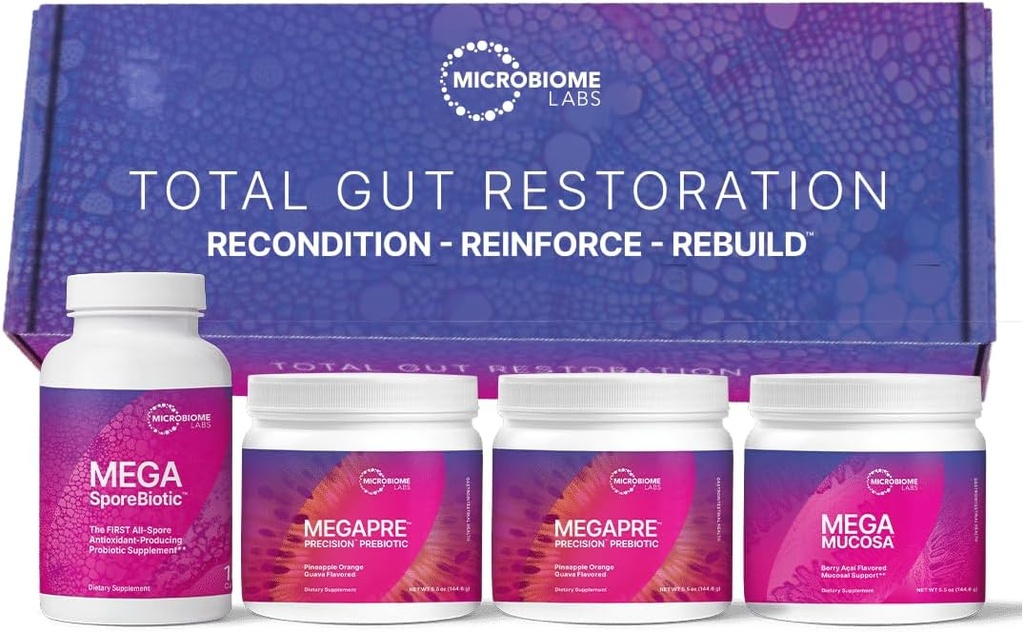 Microbiome Labs Total Gut Restoration Kit (Powder) - 3-Product Gut Health Spore Based Probiotic, Prebiotic Powder & Mucosal Immunoglobulin + Amino Acids Supplement for Immune, GI & Digestive Health