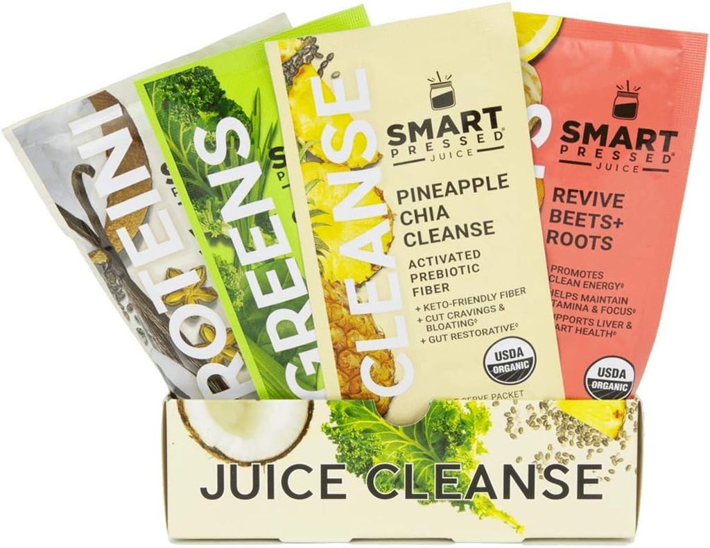 SMART Pressed Juice 1-Day Organic Juice Cleanse | Healthy Detox Program | Vegan Vanilla Protein, Green Juice, Beets Juice & Pineapple Chia Cleanse | High Fiber & Vegan