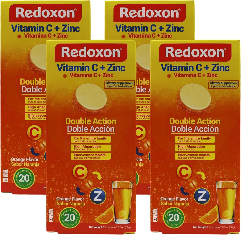 Redoxon Vitamin C + Zinc, Effervescent Tablets of Vitamin C and Zinc, Helps Support Your Immune System, Orange Flavor, 20 Effervescent Tablets, 2.82 Oz, Box (Pack of 4)