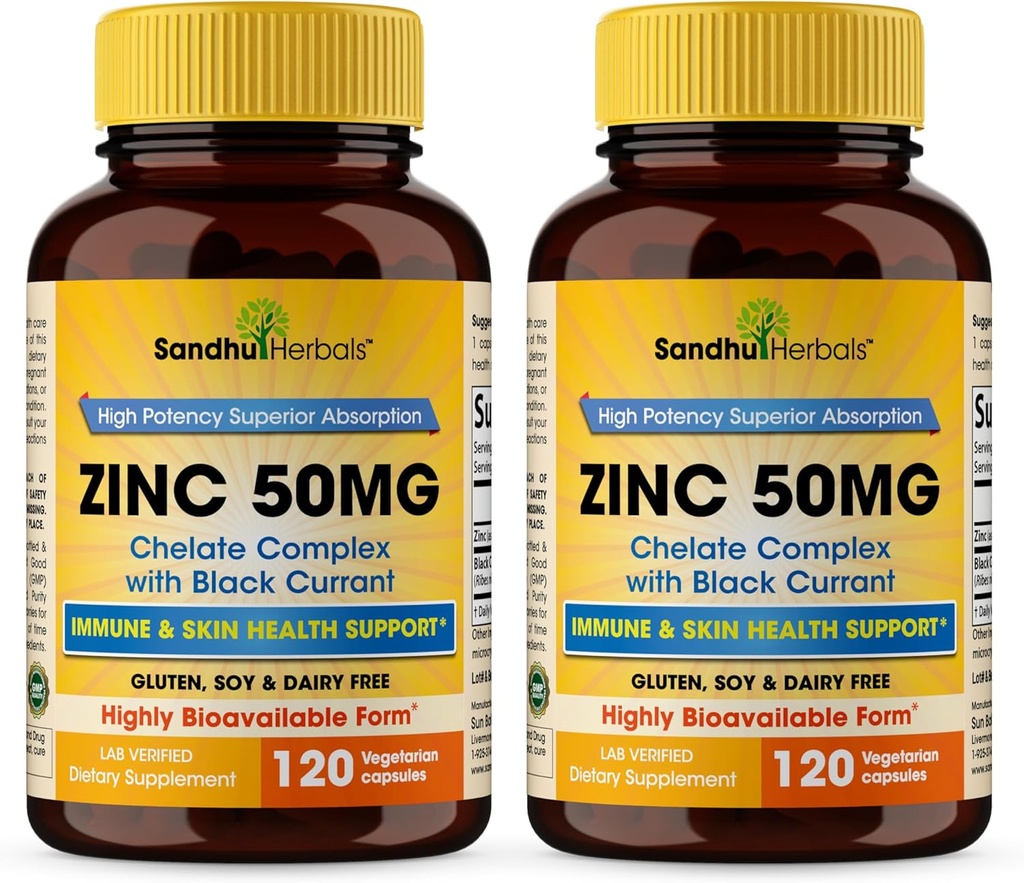 SANDHUHERBALS Zinc Supplements with Black Currant for Men and Women | Zinc 50mg 120 Vegetarian Capsules (Pack of 2) | Highly Absorbable for Immune Support | Zink 50 mg Supplement Supports Skin Health