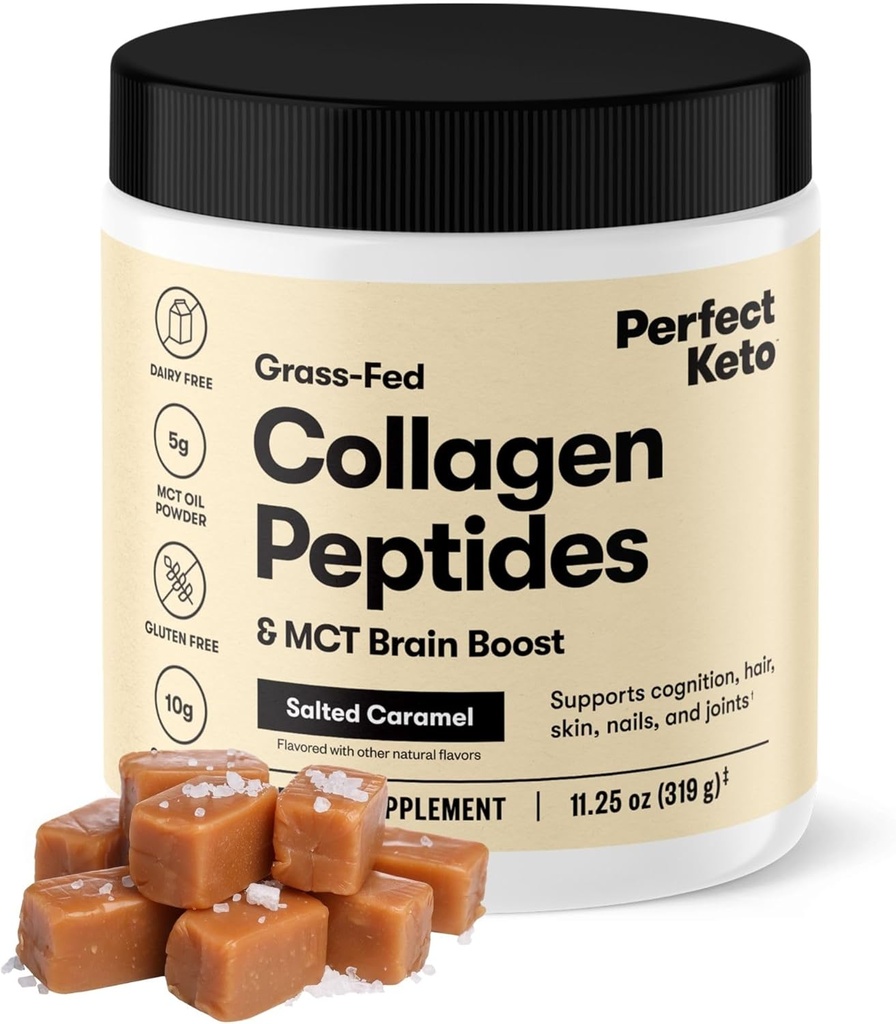 Perfect Keto Collagen Peptides Protein Powder with MCT Oil, Hydrolyzed Collagen, Type I & III Supplement, Gluten Free Grass Fed, Low Carb, Keto Coffee Creamer, Collagen for Women & Men, Salted Caramel