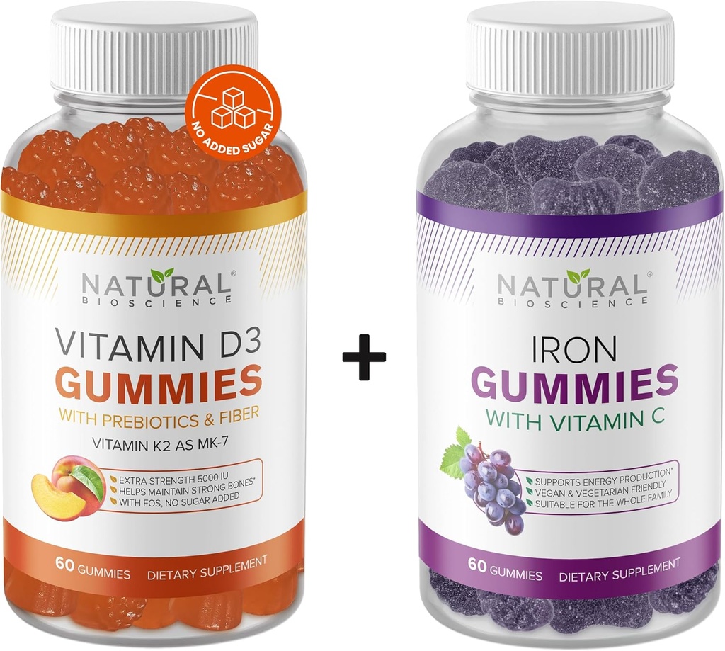 Natural BioScience Sugar Free Vitamin D3 K2 Gummies 5000 IU & Iron Gummies with Vitamin C, Extra Strength, Immune Support, Bone Health, Heart Health, Energy Support, 60 Gummy Vitamins