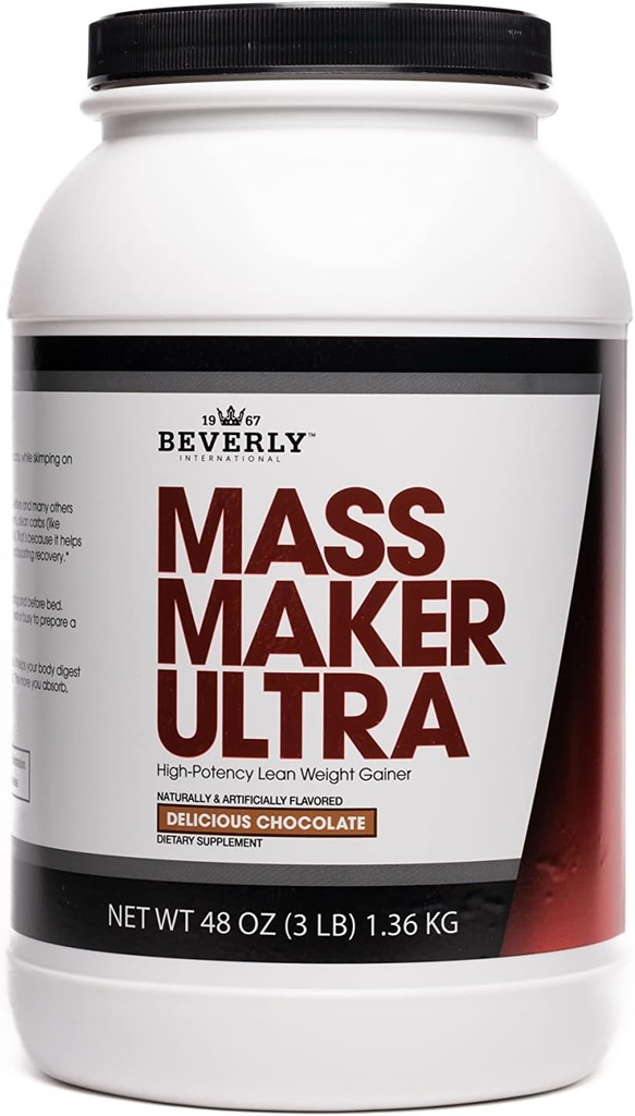Beverly International Mass Maker Ultra Chocolate, 14 Servings, 3lb. Build Lean Mass Like a Pro. Milk Protein Isolate, Whey Protein Isolate + Egg. MCT Oil. Clean Carbs, Great Taste