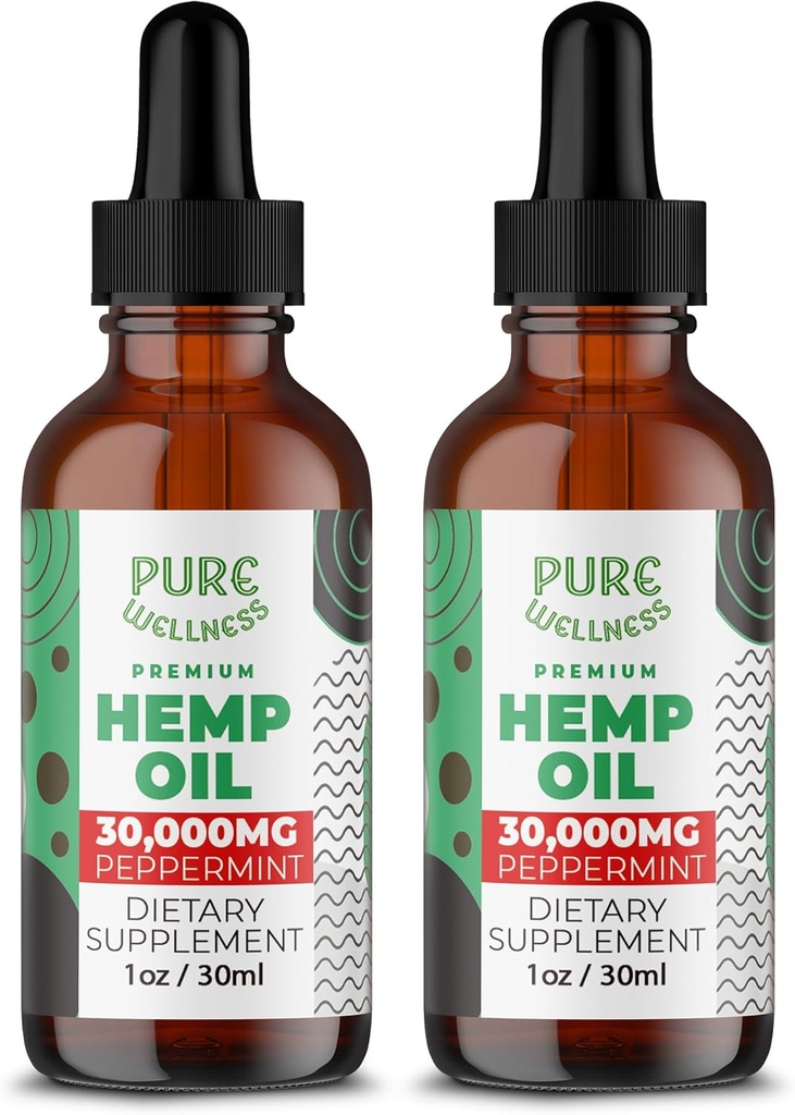 Pure Wellness Organic Hemp Seed Oil (2 Oz), Peppermint Flavor, High Potency 30,000 mg - Non-GMO, Vegan
