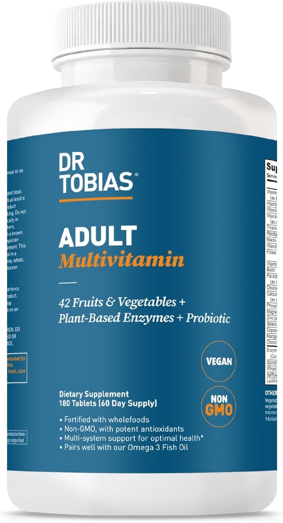 Dr. Tobias Adult Multivitamin for Women & Men, Immune Supporting Vitamins from 42 Fruits, Vegetables, Plus Probiotics, Vegan Multivitamins for Men & Women, Non-GMO, 180 Tablets, 60 Servings