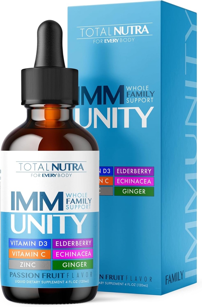 Total Immune 6-in-1 Liquid Multivitamin Supplement | 100% Daily Zinc, Vitamin D3, Vitamin C Immunity Drops Vitamin Liquid | Elderberry, Echinacea, Ginger Support for Adults & Kids | 4 oz Passion Fruit
