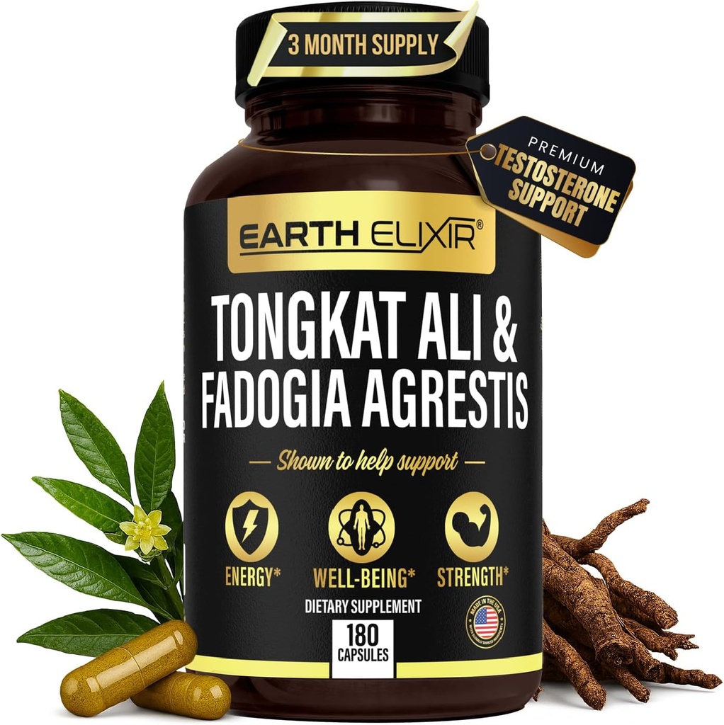 Earth Elixir Fadogia Agrestis & Tongkat Ali for Men & Woman – Natural Testosterone Supplement for Men - Made in USA & 3rd Party Tested – Strength, Energy & Vitality - Longjack – 3 Month Supply