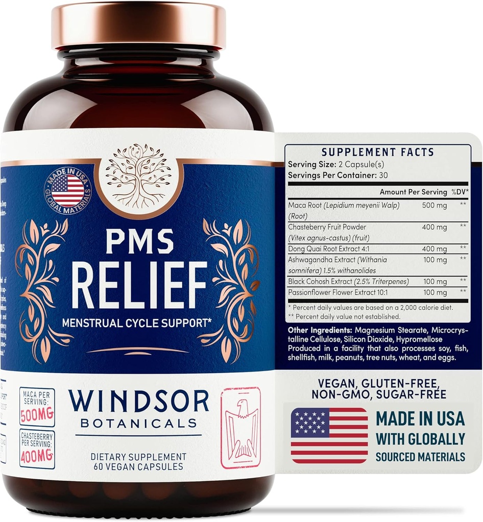 PMS Support Supplement for Women with Chasteberry, Maca Root, Ashwagandha - Period Relief, Bloating Relief for Women, Mood Support, Hormone Balance Herbal Supplements - 30 Day, 60 Vegan Capsules