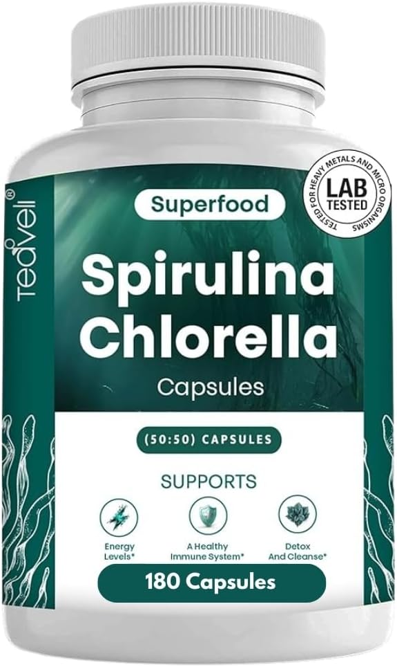Teaveli Organic Spirulina and Chlorella Capsules – 180 Chlorophyll Pills, Blue Green Algae Powder Capsules to Support Detox, Mitochondria & Energy– 3X More Chlorella Spirulina Powder/Serving