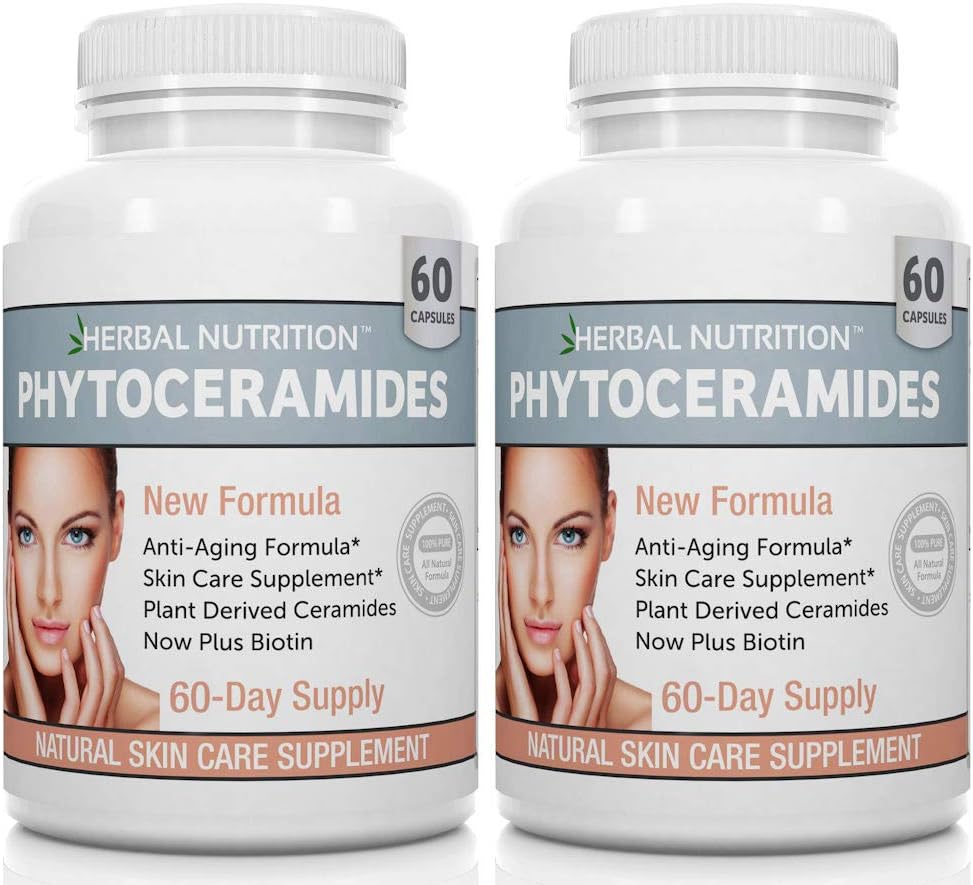 Phytoceramides Rice Based with Biotin Anti Aging Supplement, Wrinkle Remover and Facial Moisturizing with Phytoceramides Vitamin A, C, D and E, Two Bottle Pack, 120 Capsules 40mg, Gluten Free