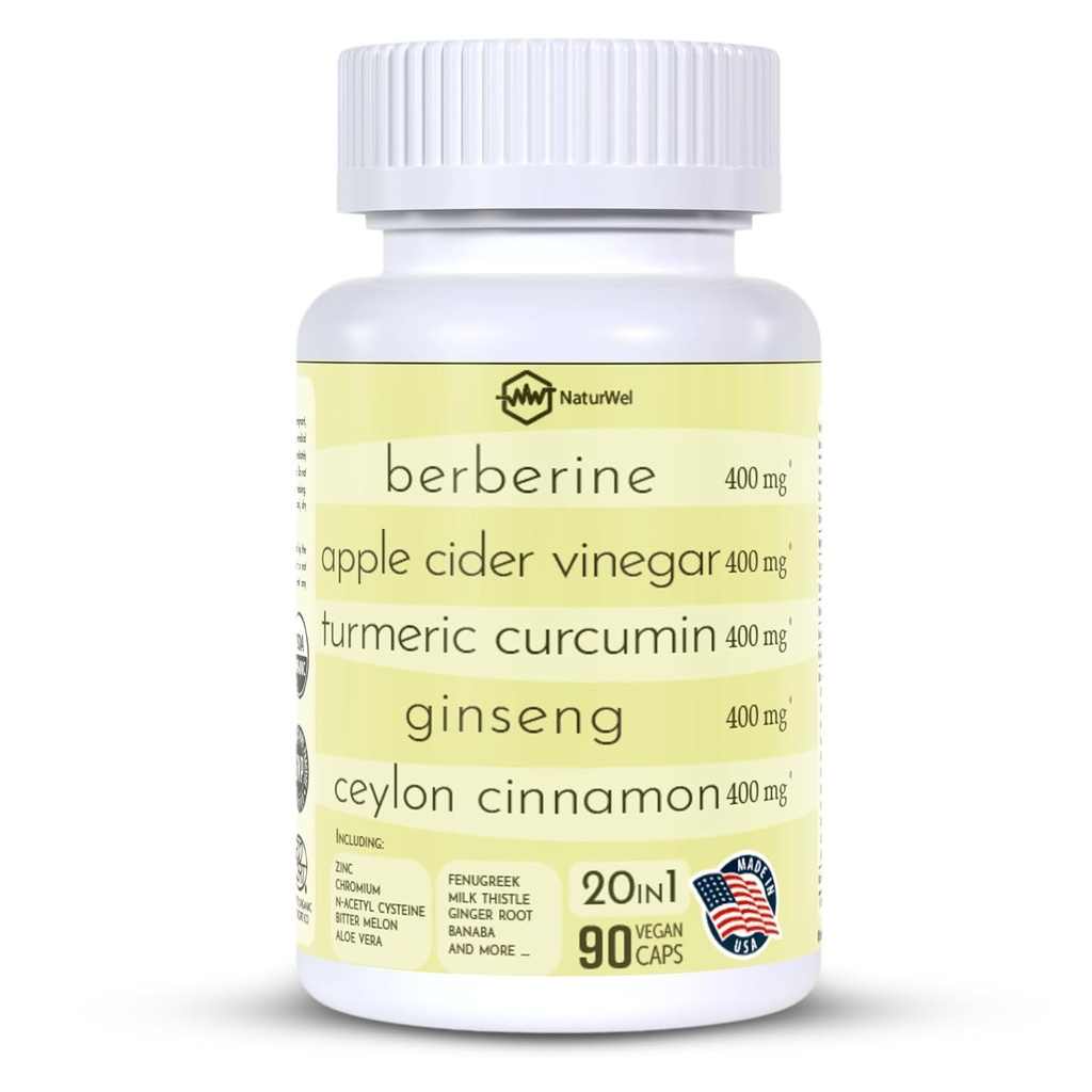 Ceylon Cinnamon Ginseng Berberine Turmeric Apple Cider Vinegar Chromium Zinc N-Acetyl Cysteine Milk Thistle Cayenne Banaba Fenugreek Gymnema Sylvestre 20 in 1 Made in The USA - 90 Capsules