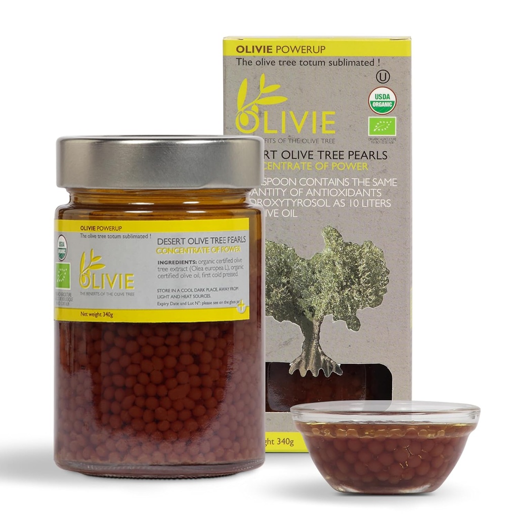 Organic Olive Leaf Extract Capsules, PowerUp Pearls by OLIVIE, Antioxidant Polyphenols Supplement, Olive Oil Scrub for Skin, Immune Support, 340g