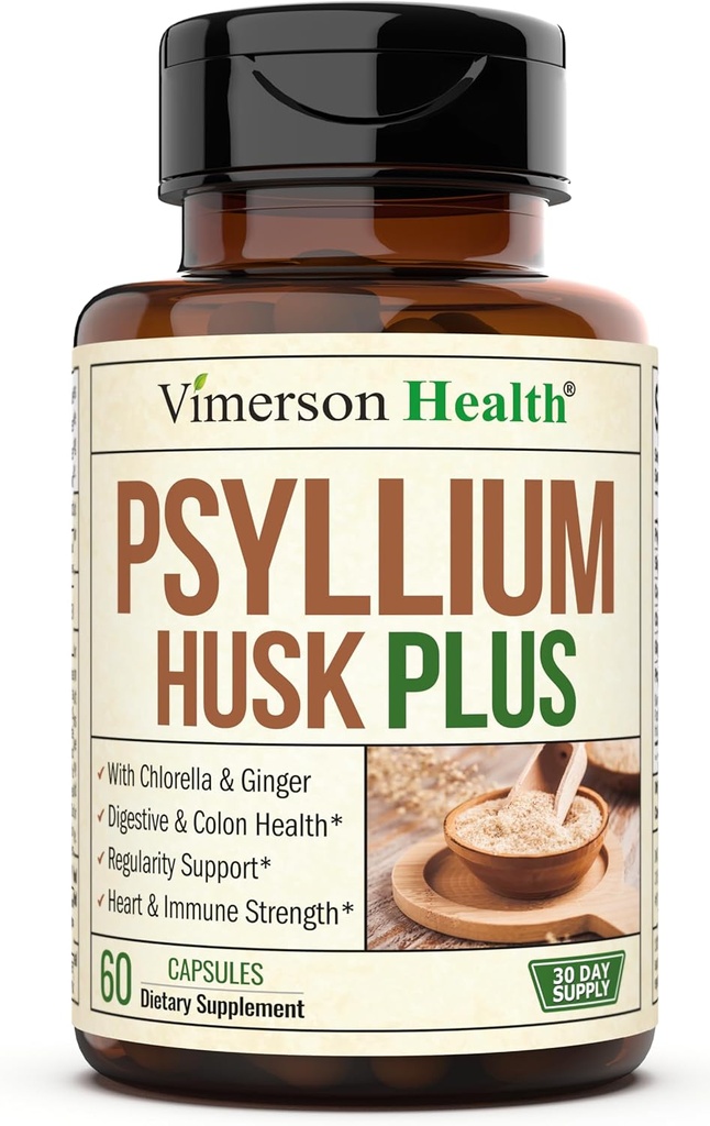 Fiber Supplement with 1080mg Psyllium Husk Powder, Slippery Elm for Women & Men, Ginger Root – High Fiber Pills for Regularity, Digestive & Gut Health – Gentle on Stomach 60 Psyllium Husk Capsules