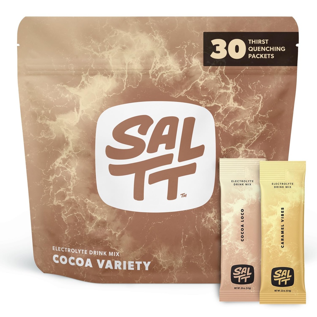 SALTT Electrolytes Powder Packets, Cocoa Variety Pack (30 Packets) - Magnesium, Potassium, Sodium, Trace Minerals - Vegan, Sugar Free, Gluten Free - Travel Essentials - Made in USA