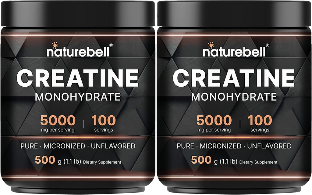 NatureBell 2 Pack Creatine Monohydrate Powder 500g, 5,000mg Per Serving | Micronized, Pure & Unflavored | Pre-Workout Muscle Support | Keto, Vegan, Filler-Free | 200 Servings (2.2 lb)