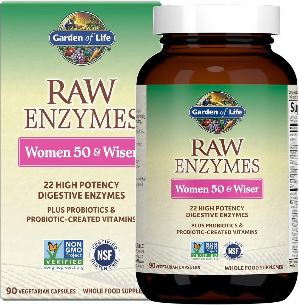 Garden of Life 22 Digestive Enzymes for Women 50 & Over with Bromelain, Papain & Lactase Plus Probiotics & Vitamins B12, Biotin & Zinc – RAW Enzymes – Non-GMO, Gluten-Free, Vegetarian, 90 Capsules