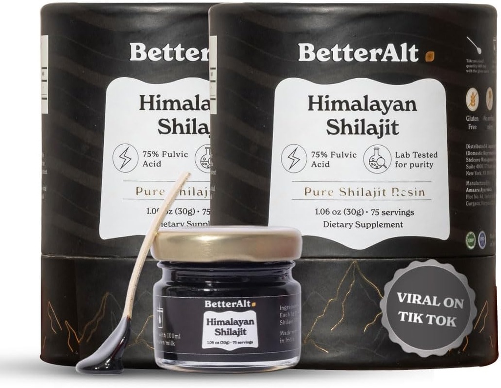 Better Alt Pure Himalayan Shilajit Resin Pack of 2 High Potency Gold Grade 150 Servings for Energy Boost & Immune Support, 85+ Trace Minerals, 75%+ Fulvic Acid, with Lab Test Report,400 mg