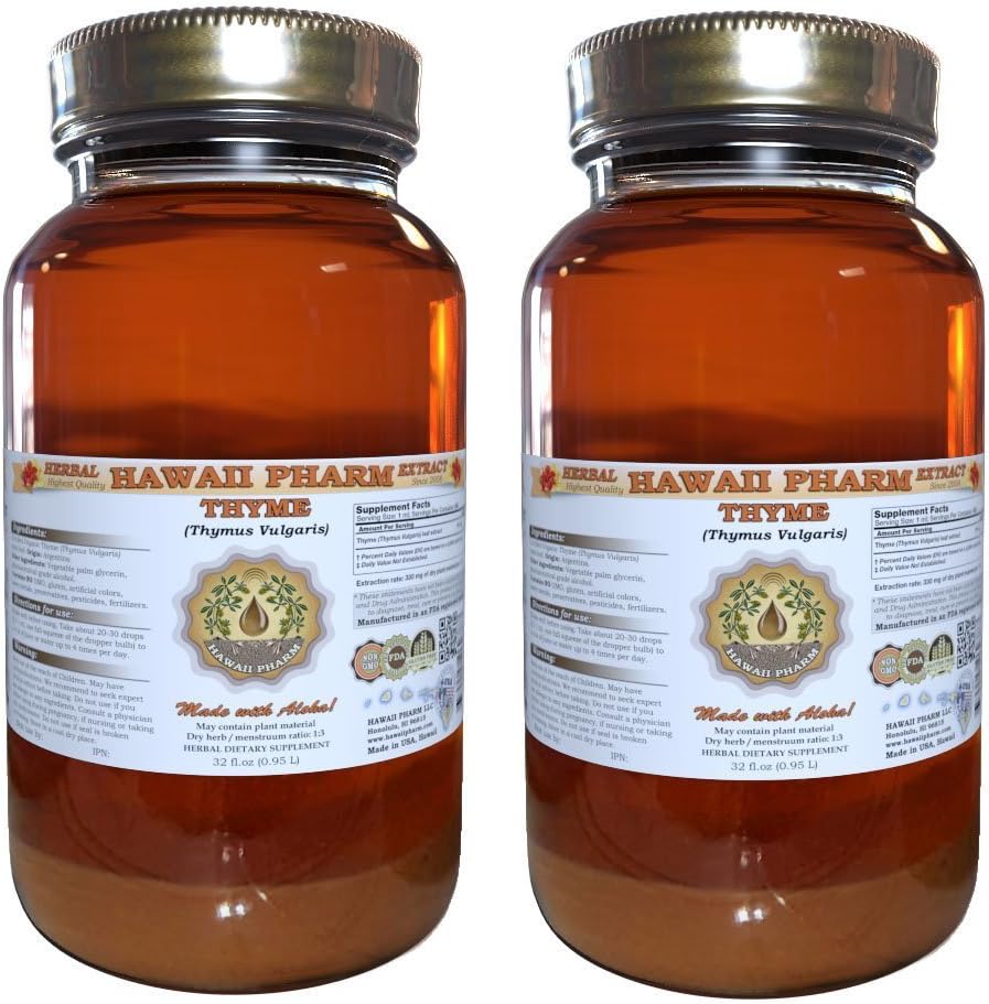 Thyme Liquid Extract, Organic Thyme (Thymus Vulgaris) Tincture, Herbal Supplement, Hawaii Pharm, Made in USA, 2x32 fl.oz