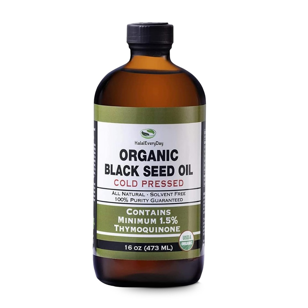 HalalEveryDay Organic Black Seed Oil - USDA Certified, Cold Pressed Glass Bottle 16oz - Over 1.5% Thymoquinone Turkish Black Cumin Nigella Sativa Non-GMO 100% Pure Blackseed Oil