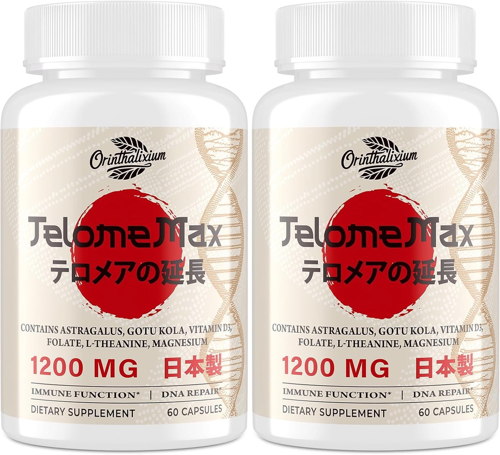 Telomere Lengthening Supplements – Organic Astragalus, Gotu Kola, Vitamin D3, Folate, L-Theanine – Anti-Aging, DNA Repair, Immune & Cellular – 60 Vegan Capsules, Made in Japan (2 Bottle)