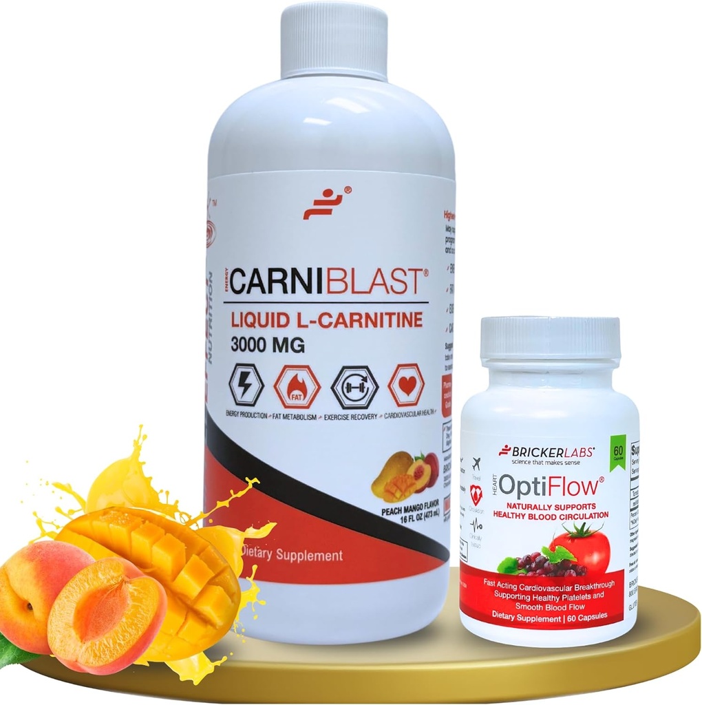 Bricker Labs Power and Performance Duo: Carniblast Liquid L-Carnitine 3000 mg & Optiflow Blood Flow Supplement, 60 Capsules
