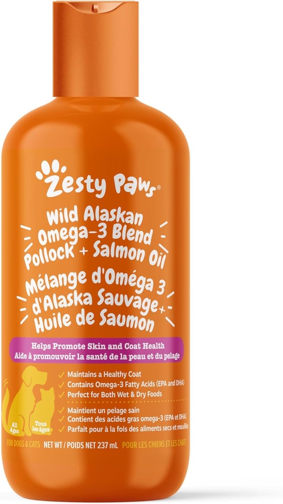 Zesty Paws Wild Alaskan Salmon Oil for Dogs and Cats- Skin and Coat Support, Omega 3 Supplement for Pets, 8.5oz