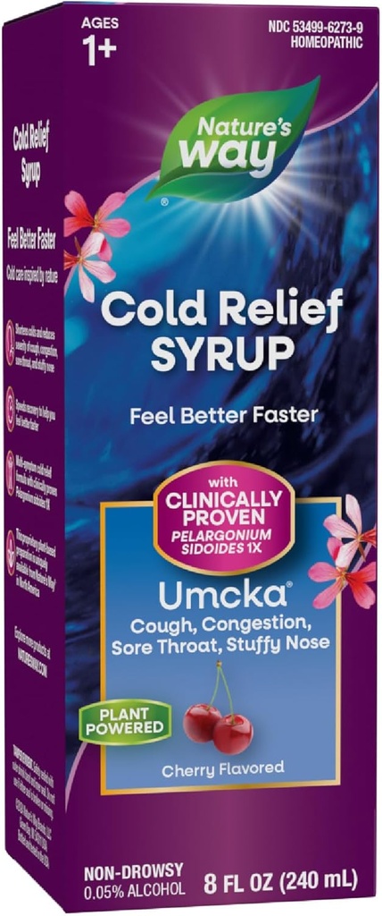 Nature's Way Cold Relief Syrup, Umcka, Shortens Duration & Reduces Severity, Multi-Symptom Cold Relief, Homeopathic, Phenylephrine Free, Non-Drowsy, Cherry Flavored, 8 Fl Oz (Packaging May Vary)