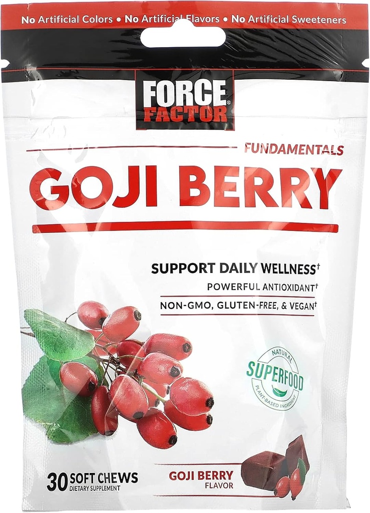 FORCE FACTOR Goji Berry Soft Chews Superfood Antioxidants Supplement to Support Healthy Eyes and Skin, Immune Health, and Inflammation, Non-GMO, Gluten-Free, & Vegan, Goji Berry Flavor, 30 Soft Chews