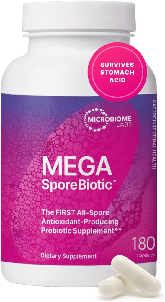 Microbiome Labs MegaSporeBiotic Probiotics for Women & Men - Spore Based Probiotics for Digestive Health - Shelf Stable & Travel-Friendly (180 Capsules)