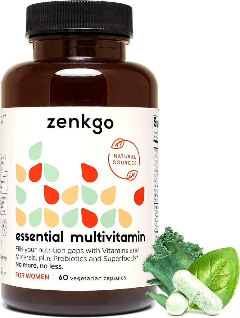 Zenkgo Women's Vitamins + Probiotics 25B CFU + Organic Whole Foods, Supports Immunity, Digestion, Energy, Daily Vitamins A, E, B6, B12, Vegan D3, K2 (MK-7), Folate, Minerals, Superfoods(60Ct/30Day)