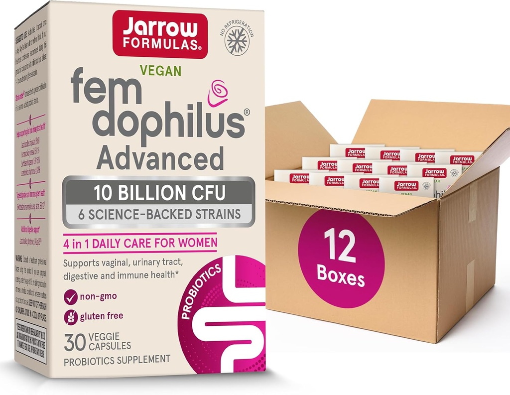 Jarrow Formulas Fem-Dophilus Advanced Probiotics 10 Billion CFU with 6 Science-Backed Strains, for Vaginal, Urinary Tract, Digestive, and Immune Support, 30 Veggie Capsules, Shelf-Stable, Pack of 12
