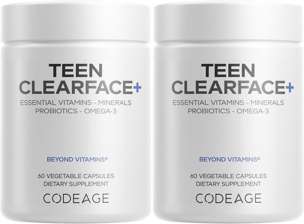 Codeage Teen Clearface Adolescent Face, Skin & Pimples, Vitamins A, C, D3, E, Pantothenic Acid, Niacin, Zinc Supplement Teenagers, Probiotics, L-Lysine, Omega-3, Oily Skin, Pores, Spots - 2 Pack