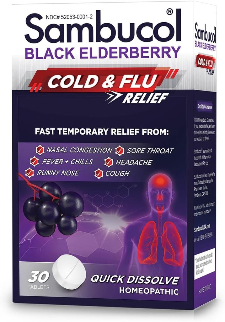 Sambucol Cold and Flu Relief Tablets - Homeopathic Cold Medicine, Remedy for Adults, Black Elderberry for Colds, Zinc Remedy - 30 Count
