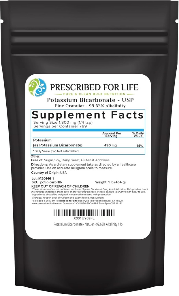 Prescribed for Life Potassium Bicarbonate Powder, Pure USP & Food Grade Potassium Bicarbonate for Plants, Winemaking, & Baking, Crystalline Powder, 39% K (1lb)