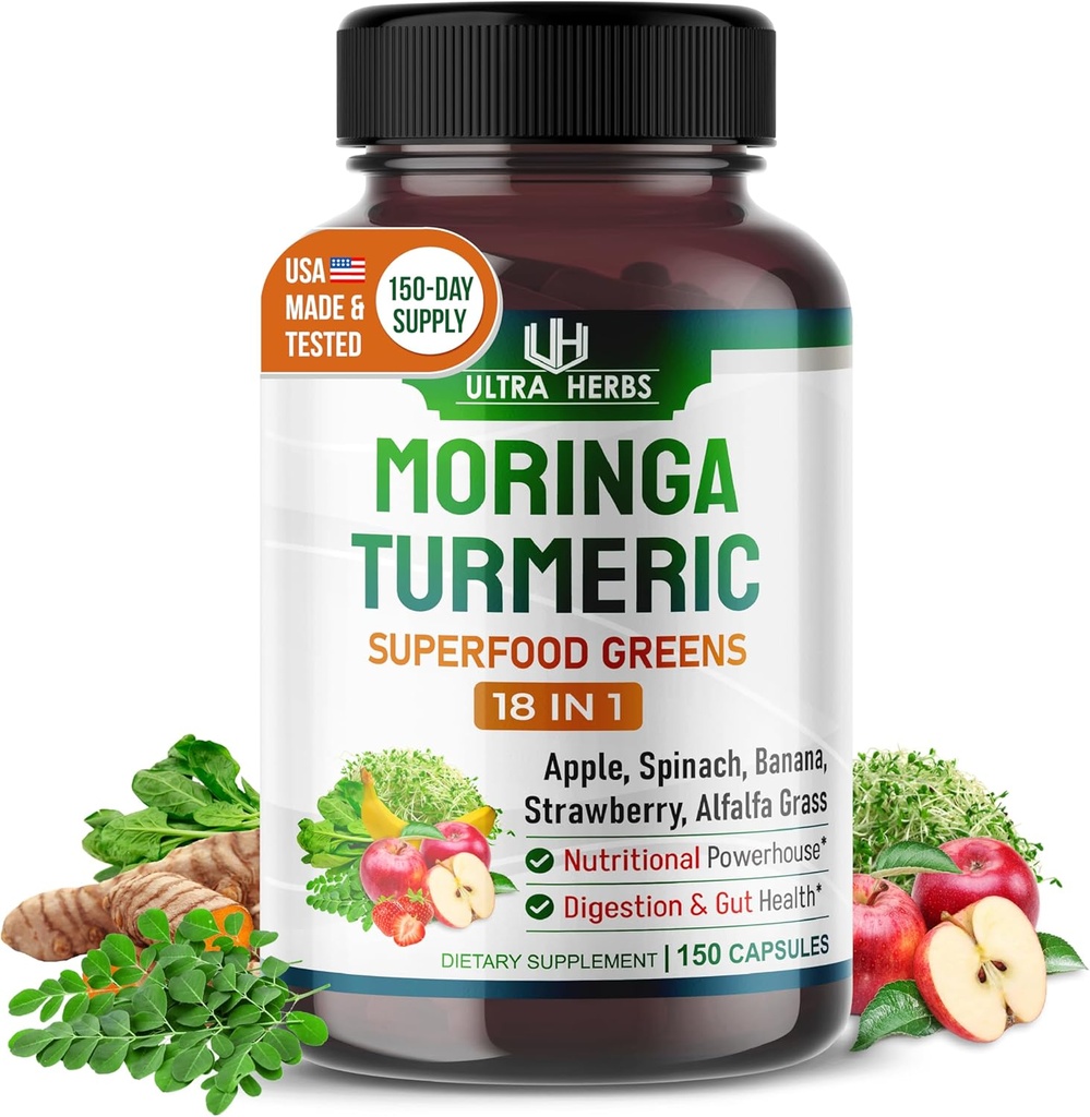 Superfood Greens 18 IN 1 - with Fruits & Vegetables & Herbs -Moringa, Alfalfa, Apple, Spinatch, Banana, Strawberry- Boost Energy, Immunity and Gut Health (150-day supply (pack of 1))