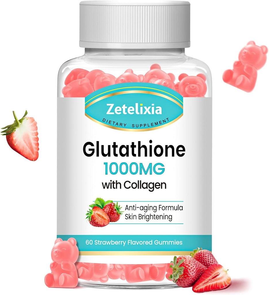 Glutathione Collagen Gummies, Collagen Gummies with Vitamin C, Glutathione Supplement for Women, Hair Skin Nails Muscle & Joint, Anti-Aging, Vegan, Sugar Free, Strawberry Flavor, 60 Count