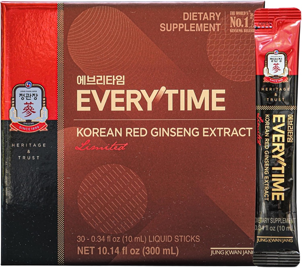 JUNG Kwan Jang Korean Red Ginseng Extract Everytime Limited 3000mg | Premium Sugar Free Energy Supplement, Ginseng Tea, Korean Food, Ginseng Drink | Energy Boost,Stamina | 30 Count