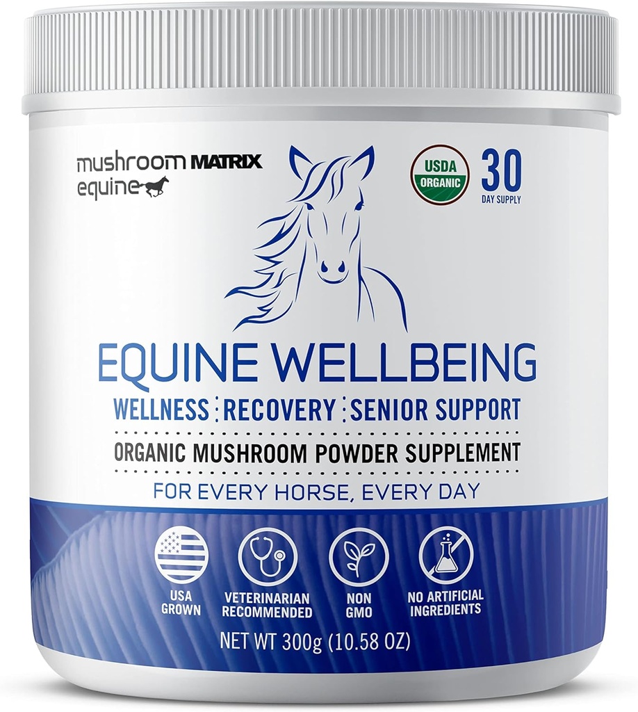 Om Mushroom Matrix - Equine | Wellbeing | USA Grown Human-Grade Organic Mushroom Powder Show Safe Horse Supplement | Wellness, Recovery, & Senior Support | 300 Grams, 10.5 oz