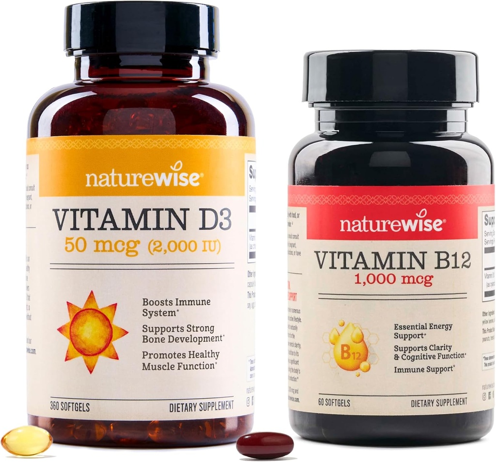 NatureWise Vitamin D3 2000iu 360 Count and Vitamin B12 1000mcg 60 Softgels for Energy, Immune Support and Healthy Muscle Function