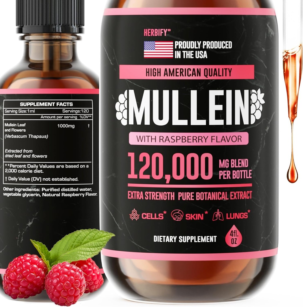 HERBIFY Mullein Drops - Lung Cleanse - Leaf Extract - Powerful Mullein for Immune Support, Detox & Respiratory Support - Made in USA - 4 Oz Raspberry Flavor