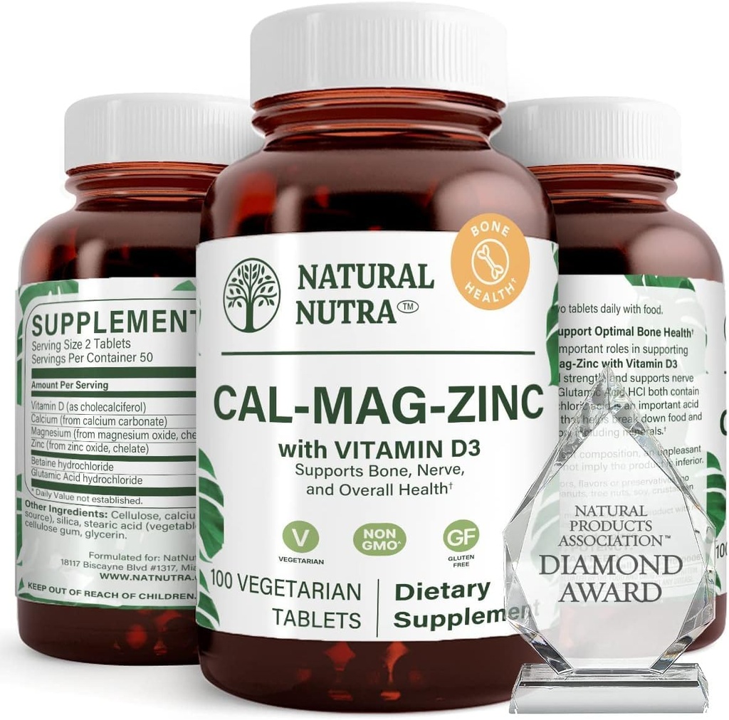 Natural Nutra Calcium Magnesium Zinc Supplement with Vitamin D3 for Bone and Muscle Strength, Promotes Nerve Health, Enhance Your Digestion, Gluten Free, Sugar Free, 100 Tablets (Pack of 2)