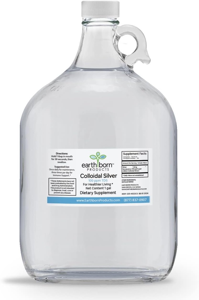 EARTHBORN PRODUCTS Monatomic Colloidal Silver Liquid 100 PPM - 99.999% Pure Silver, Natural Alternative Support, Now in Glass Bottles (128OZ.)