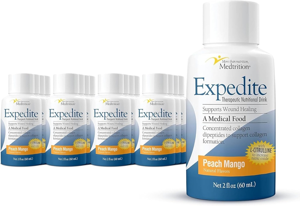 Medtrition Expedite Liquid Collagen, Peach Mango, 2 Fl Oz, Pack of 24 - Nutrition Support for General, Orthopedic & Cosmetic Surgery Recovery