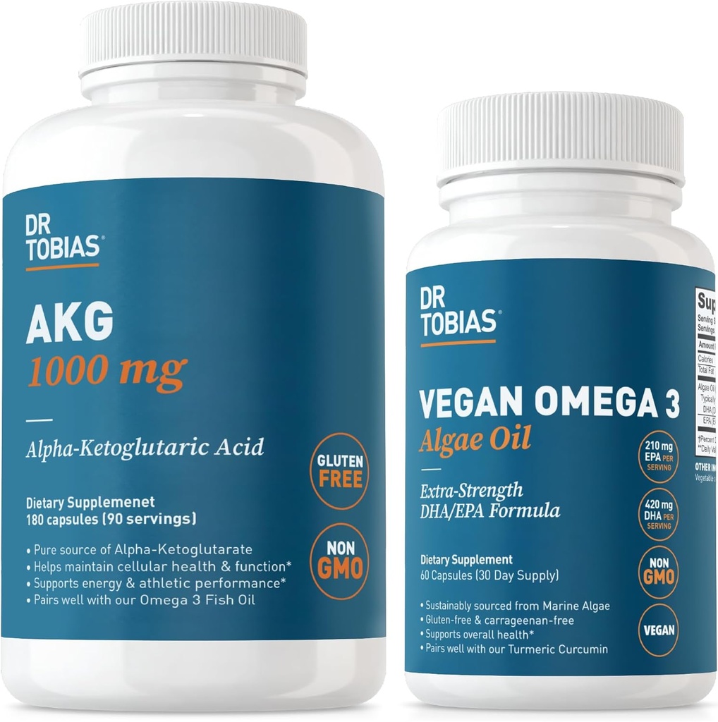 Dr. Tobias AKG Supplement & Vegan Omega 3 Algae Oil, Support Cellular Energy & Overall Health with AKG, EPA & DHA, Vegan, Gluten-Free, Non-GMO