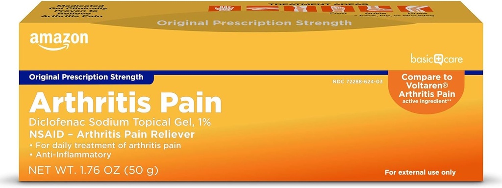 Amazon Basic Care Diclofenac Sodium Topical Gel, 1% (NSAID), for Arthritis Pain Relief, 1.76 ounce (Pack of 1) (Packaging may vary)