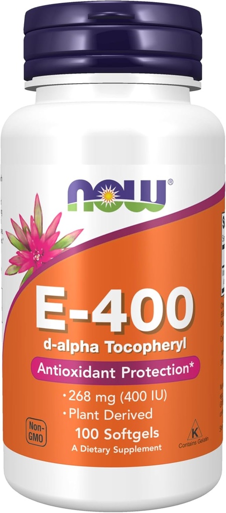 NOW Supplements, Vitamin E-400 IU, D-Alpha Tocopheryl, Antioxidant Protection, Softgels, 100 Count (Pack of 1)