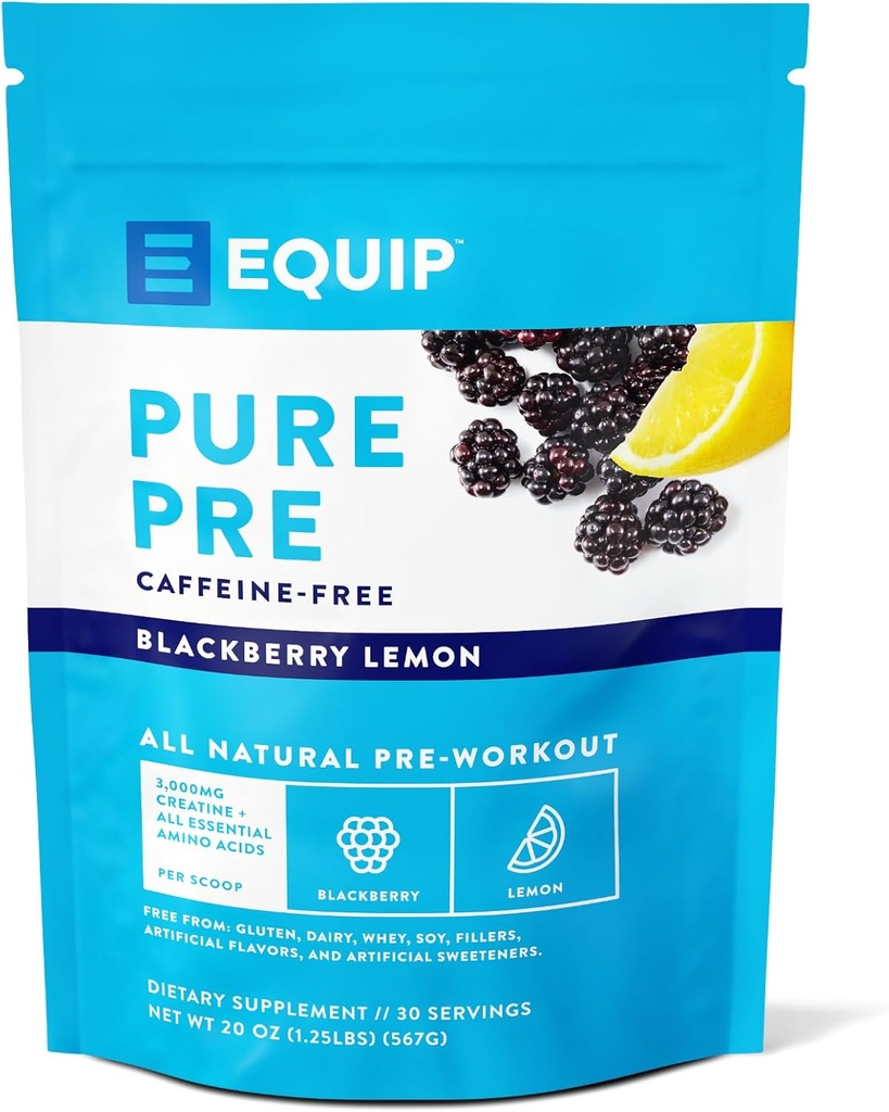 Equip Foods Pure Pre All Natural Pre-Workout Powder | Caffeine Free, EAA, Vitamin C, B6, B12, L-carnitine, Agnine | Naturally Boosts Workouts | 30 Servings, BlackBerry Lemon Decaffeinated
