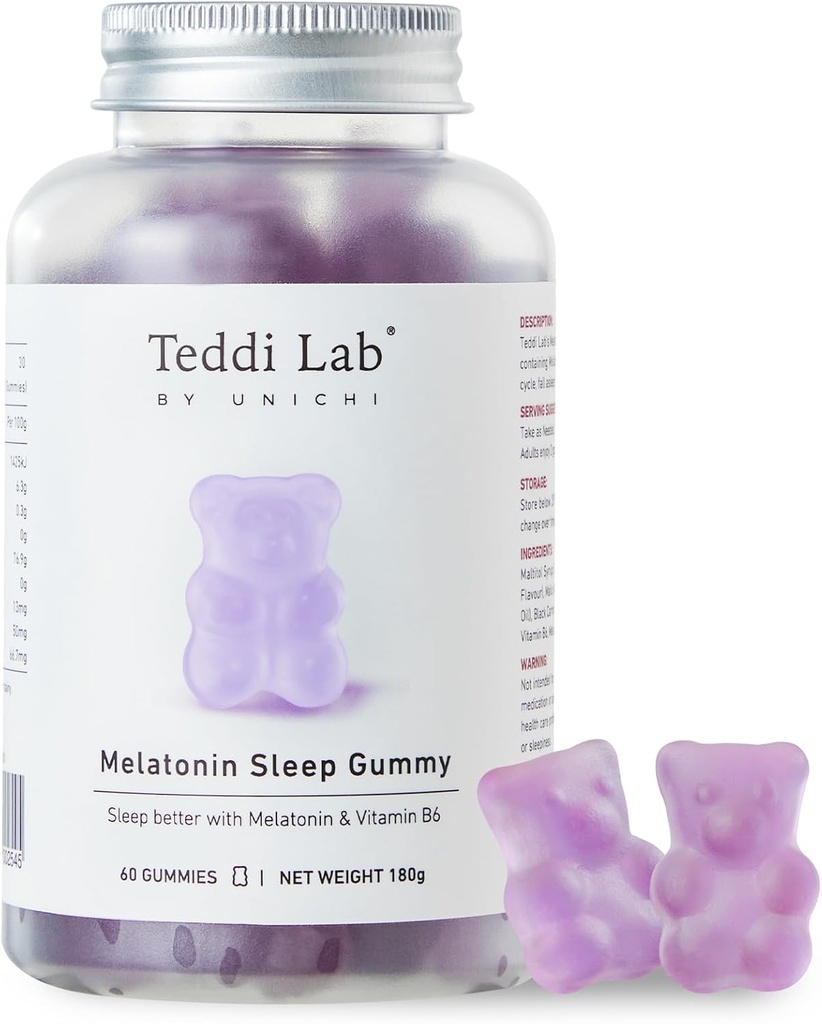 Unichi Melatonin Gummy, Scientifically Formulated with 3mg of Melatonin and 4mg of Vitamin B6 for Enhanced Sleep Quality, 0 Sugar, Gluten-Free, Non-GMO, Great-Tasting Lemon Lavender Flavour, 60 Count
