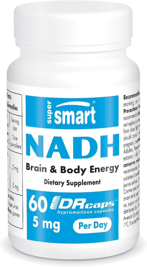 Supersmart - NADH 5mg per Day (Reduced Nicotinamide Adenine Dinucleotide) - NADH Supplement - Energy Pills | Non-GMO & Gluten Free - 60 Delayed Release Capsules